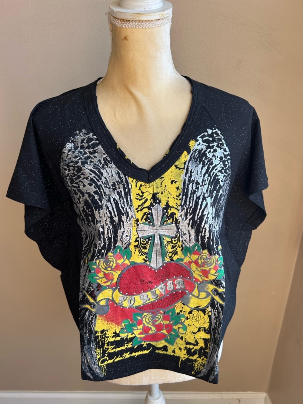 Rasaki Womens Heart Floral Cross Sign T Shirt Blouse Sz S Dotted New 4122